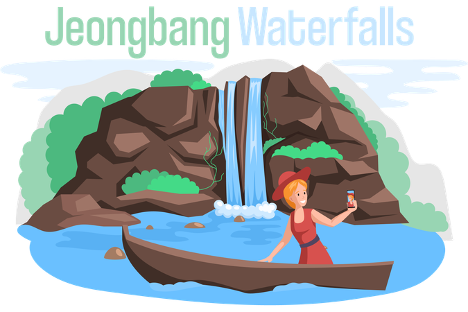 Frau macht Fotos am Jeongbang-Wasserfall  Illustration