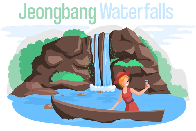 Frau macht Fotos am Jeongbang-Wasserfall  Illustration