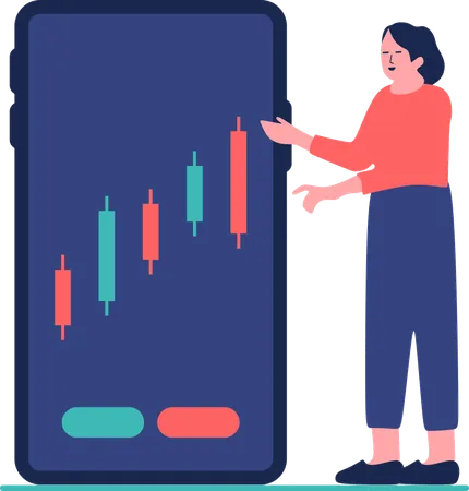 Frau führt Candlestick-Analyse auf mobiler App durch  Illustration