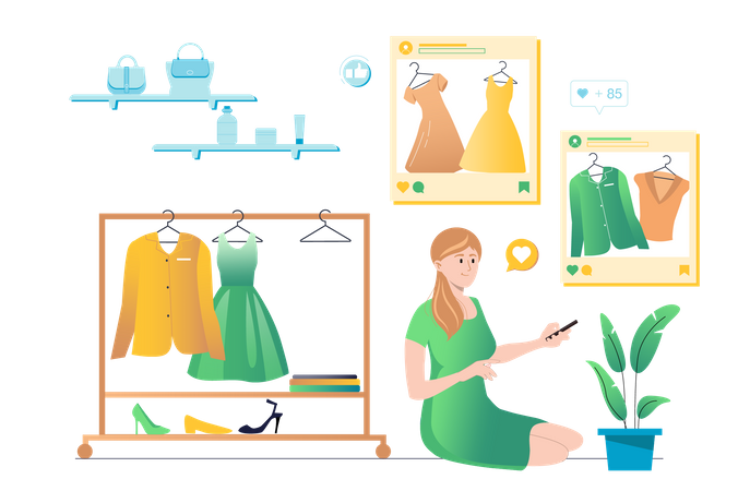 Frau beim Einkaufen über Social-Media-App  Illustration