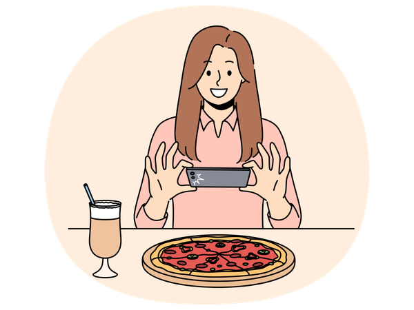 Frau macht Foto von Pizza in sozialem Netzwerk und spricht über das Leben  Illustration