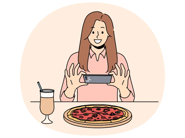 Frau macht Foto von Pizza in sozialem Netzwerk und spricht über das Leben  Illustration