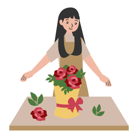 Frau macht großen Blumenstrauß  Illustration