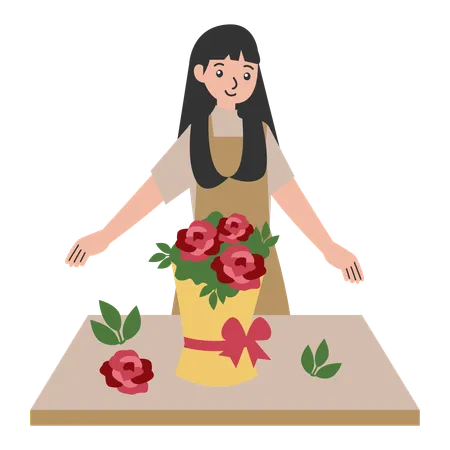 Frau macht großen Blumenstrauß  Illustration