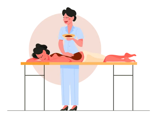 Frau macht einem Kunden eine Massage mit Schokolade  Illustration