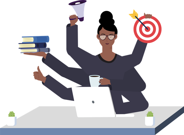 Frau macht Multitasking und erreicht Ziel  Illustration