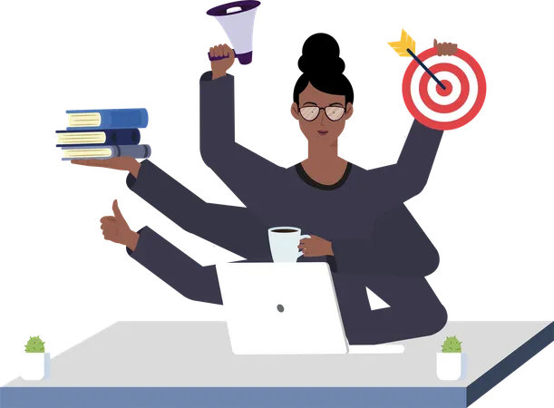 Frau macht Multitasking und erreicht Ziel  Illustration