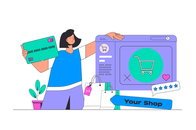 Frau beim Online-Shopping und gleichzeitiger Kartenzahlung  Illustration
