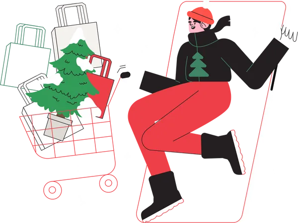 Frau beim Online-Shopping während des Weihnachtsangebots  Illustration