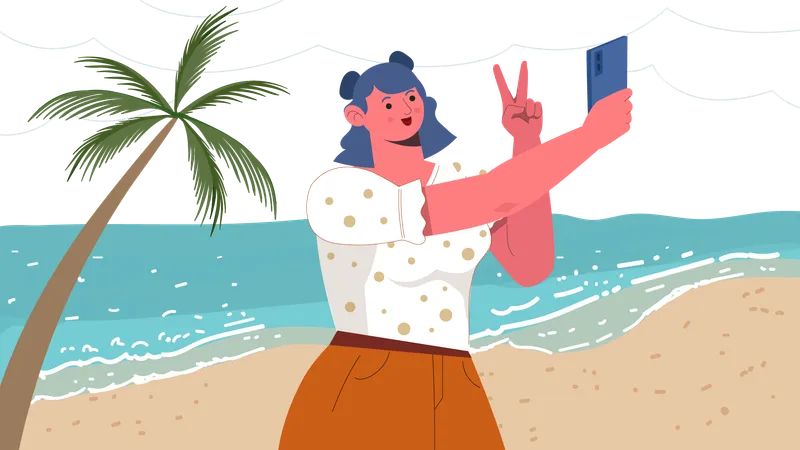 Frau macht Selfie am Strand  Illustration