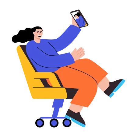 Frau macht Selfie vom Drehstuhl aus  Illustration