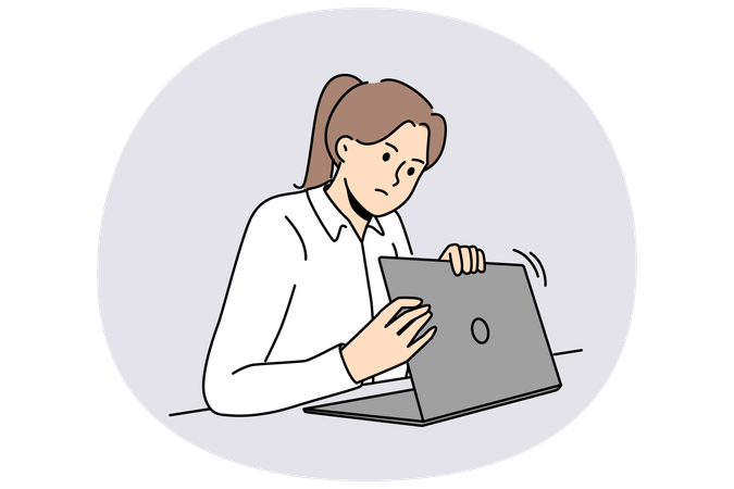 Frau macht sich Sorgen um Datenschutz im Internet und versteckt Laptop-Bildschirm beim Eingeben des Passworts  Illustration