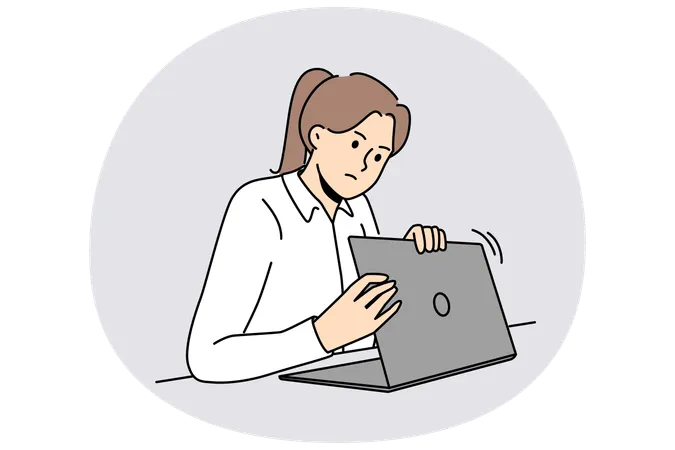 Frau macht sich Sorgen um Datenschutz im Internet und versteckt Laptop-Bildschirm beim Eingeben des Passworts  Illustration