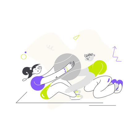 Frau macht Sit-ups und hält dabei einen großen Ball  Illustration