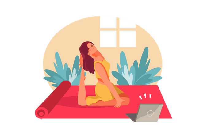 Frau macht Yoga zu Hause, indem sie vom Laptop lernt  Illustration