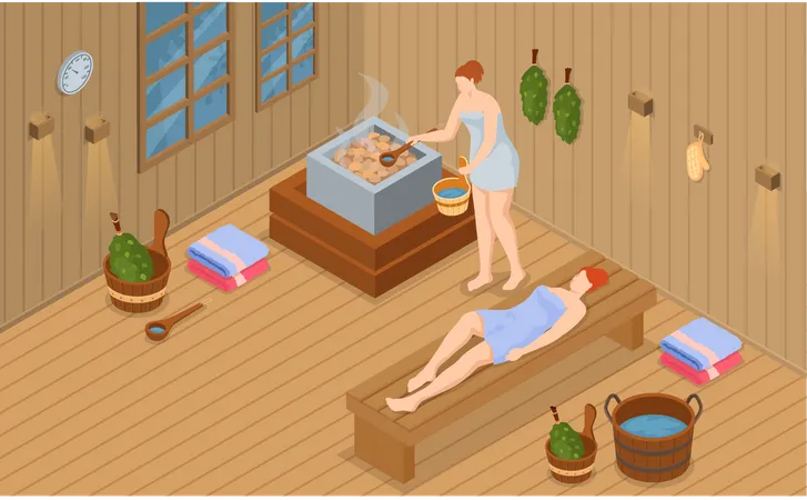 Frau mit Badetuch sitzt auf Holzbank in finnischer Sauna  Illustration