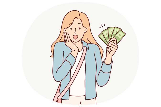 Frau mit Bargeld schreit „Wow“ und freut sich über großen Kaufbonus  Illustration