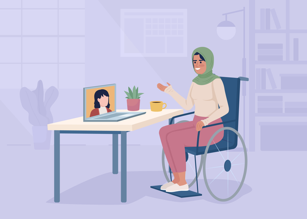 Frau mit Behinderung arbeitet von zu Hause aus  Illustration