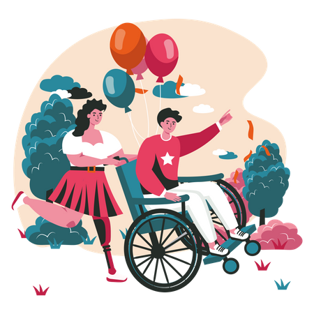 Frau mit Beinprothese trägt Mann im Rollstuhl zur Feier  Illustration