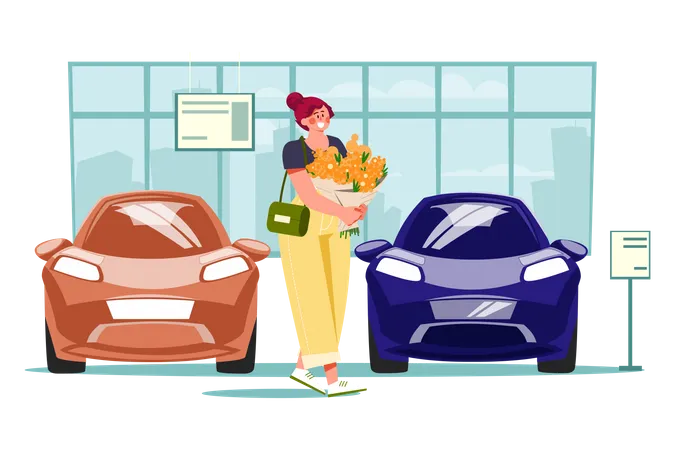 Frau mit Blumen im Autohaus  Illustration