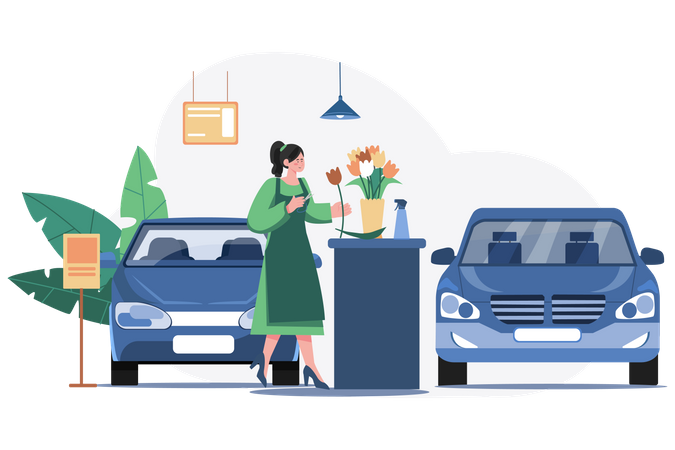 Frau mit Blumen in einem Autohaus  Illustration