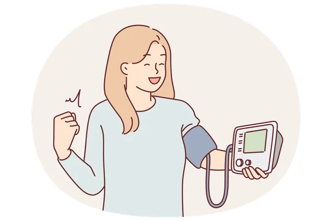 Frau mit Blutdruckmessgerät freut sich über Normalisierung des Pulses und Befreiung von der Krankheit  Illustration