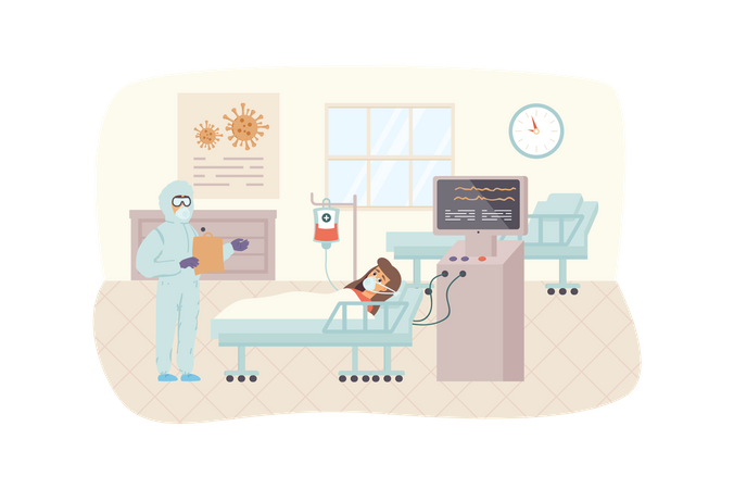 Frau mit Coronavirus oder Virusinfektion liegt auf Station  Illustration