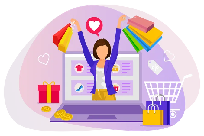 Frau mit Einkaufstüten in der Hand beim Online-Shopping  Illustration