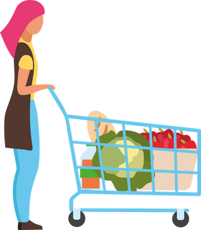 Frau mit Einkaufswagen beim Lebensmitteleinkauf  Illustration