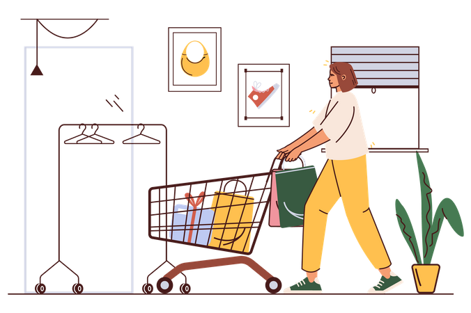 Frau mit Einkaufswagen wählt Waren aus und tätigt Einkäufe im Geschäft  Illustration