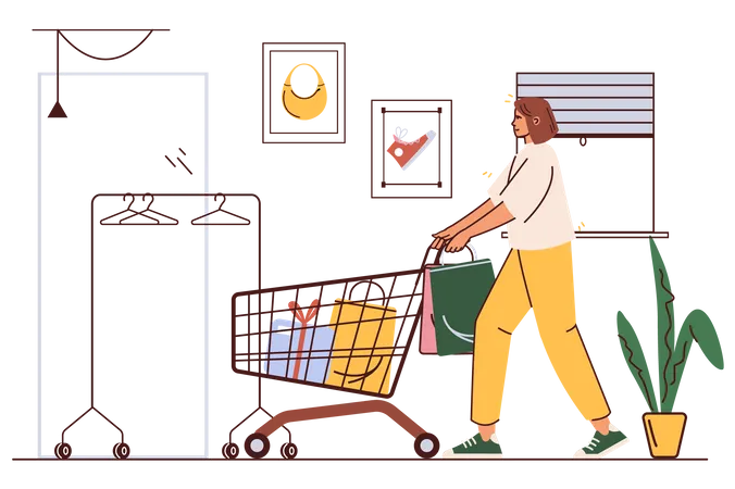 Frau mit Einkaufswagen wählt Waren aus und tätigt Einkäufe im Geschäft  Illustration
