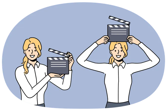 Frau mit Filmklappe für Dreharbeiten zu Blockbustern arbeitet in Hollywood-Filmgesellschaft  Illustration