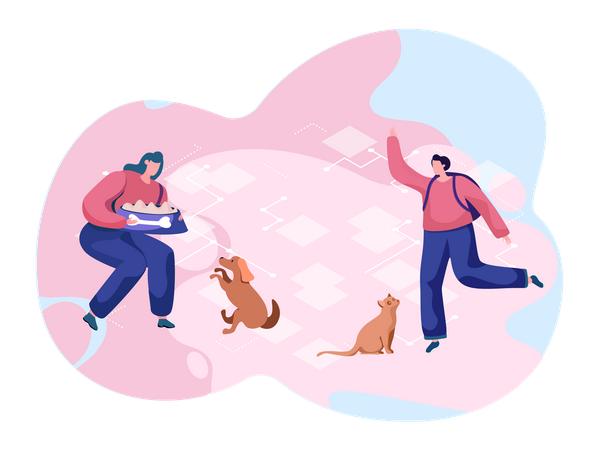 Frau mit Futternapf füttert Hund und Mann trainiert seine Katze  Illustration