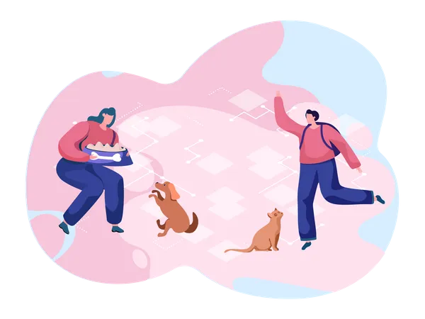 Frau mit Futternapf füttert Hund und Mann trainiert seine Katze  Illustration