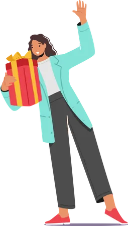 Frau mit Geschenkbox winkt  Illustration