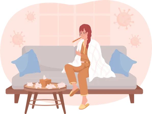 Frau mit Grippe sitzt auf Sofa  Illustration