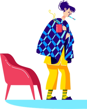Frau mit Grippe und hohem Fieber  Illustration