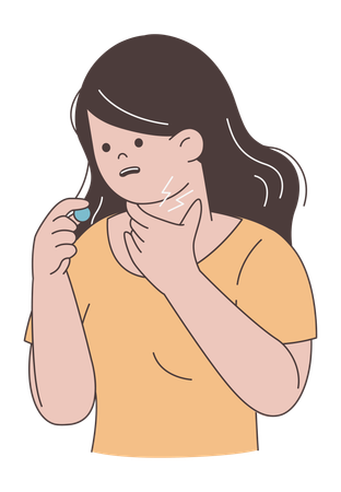 Frau mit Halsschmerzen hält Hustenbonbon  Illustration
