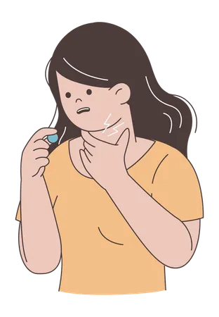 Frau mit Halsschmerzen hält Hustenbonbon  Illustration