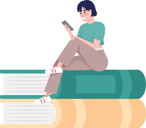 Frau mit Mobiltelefon sitzt auf Büchern  Illustration