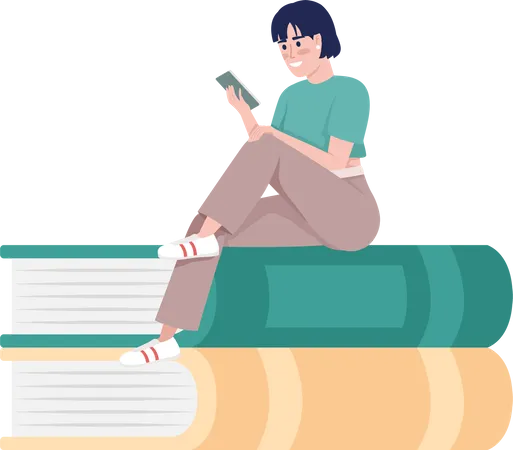 Frau mit Mobiltelefon sitzt auf Büchern  Illustration