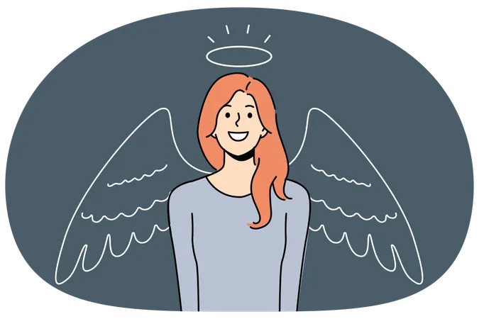 Frau mit Heiligenschein und Engelsflügeln lächelt  Illustration