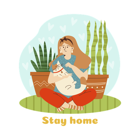 Frau mit ihrem Haustier und Zimmerpflanzen  Illustration