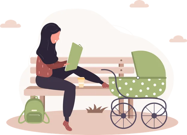 Frau mit Kinderwagen liest Buch  Illustration