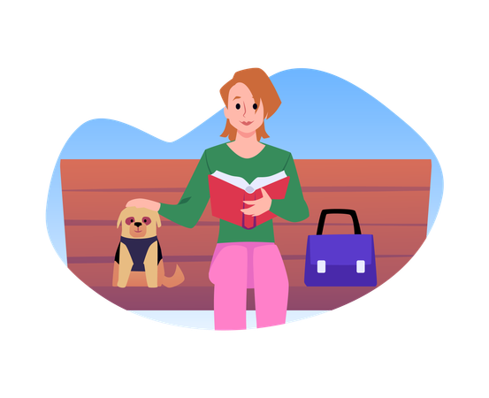 Frau mit kleiner Bulldogge liest Buch auf Bank sitzend  Illustration