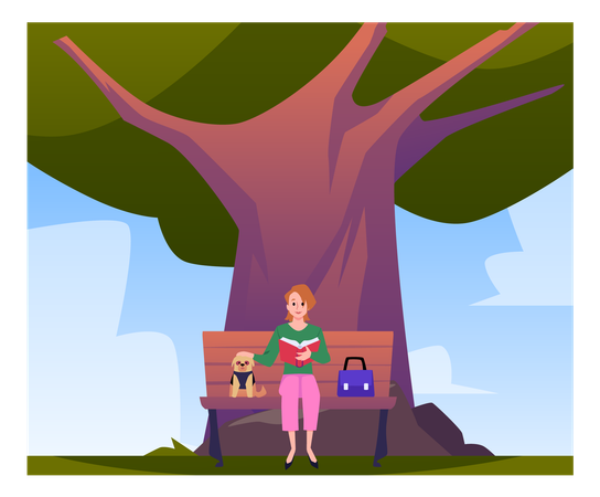 Frau mit kleiner Bulldogge liest Buch auf Bank unter großem Baum  Illustration