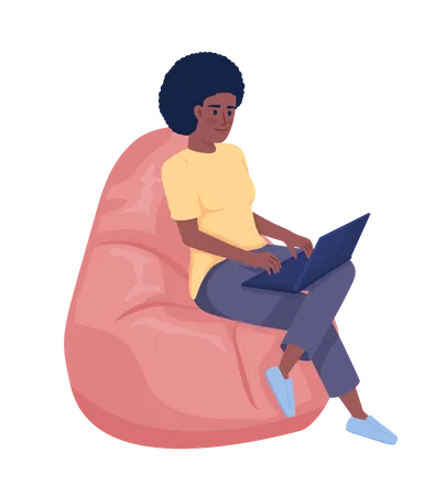 Frau mit Laptop sitzt auf Sitzsack  Illustration