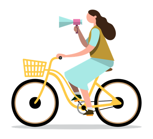 Frau mit Megafon auf Fahrrad  Illustration