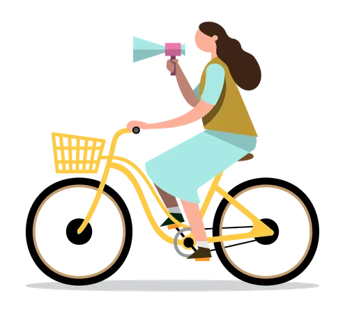 Frau mit Megafon auf Fahrrad  Illustration