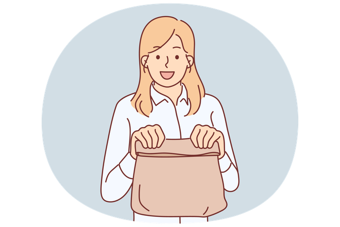 Frau mit Papiertüte aus dem Laden empfiehlt die Verwendung biologisch abbaubarer Einkaufsverpackungen  Illustration